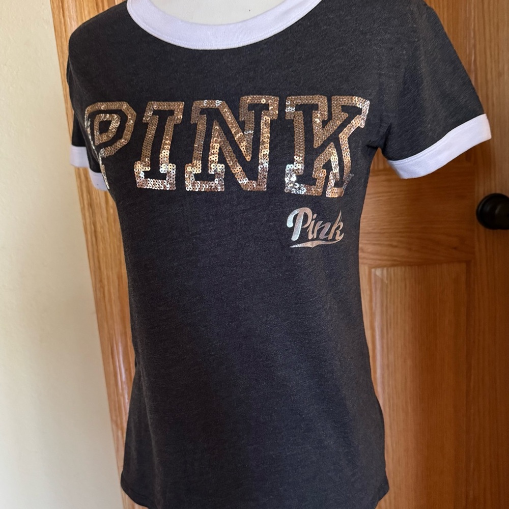 PINK Victoria's Secret Gray and White Short Sleeve Tee
